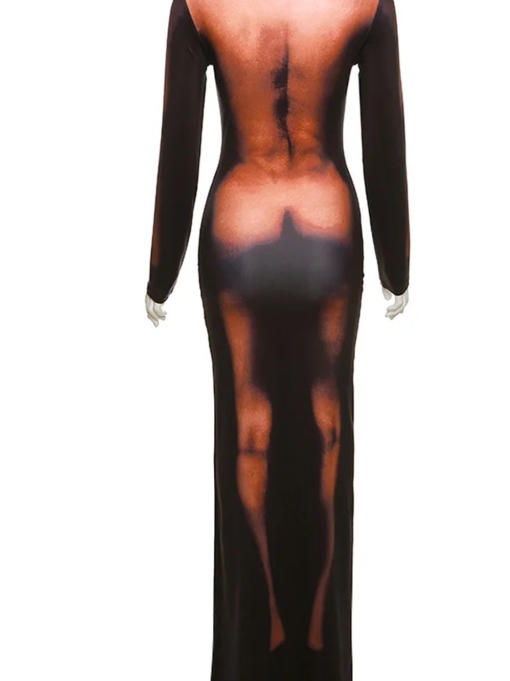 Sheer Back-Print Long Sleeve Maxi Dress - Black/Brown